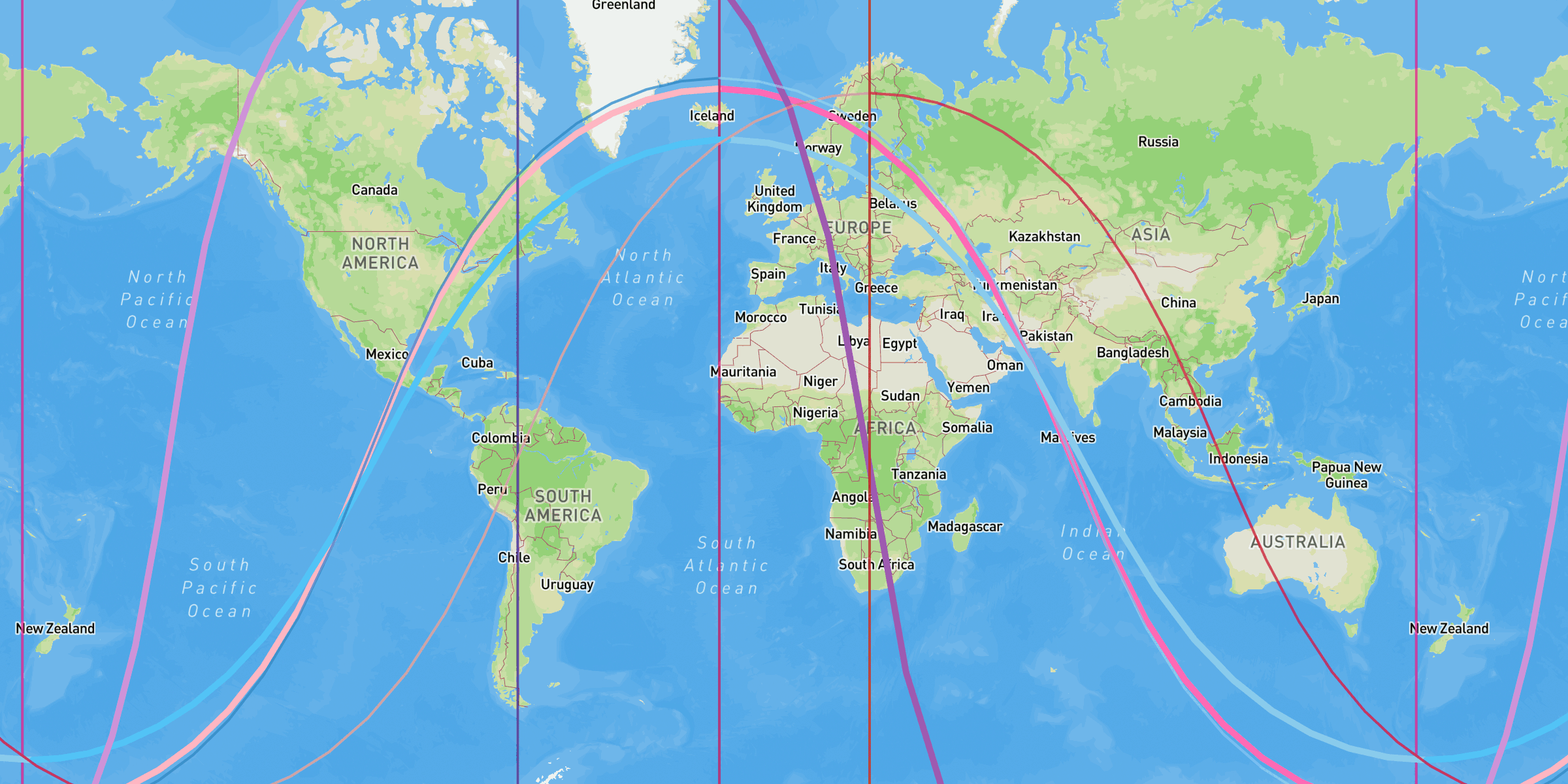 Sample love map. The world map shows planetary lines for love — Venus, Moon, Jupiter, Mars and Saturn — curving across continents.